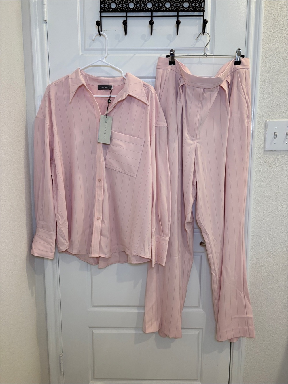 NWT Mint Velvet Pink Pinstripe 2 Piece Shirt Pants Set XL